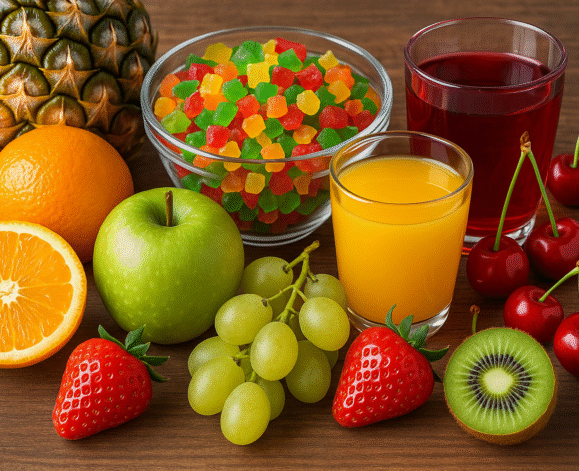 Frupsy brand tutti frutti displayed with fresh fruits